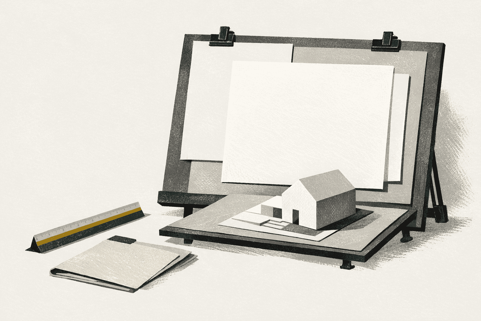 Minimal editorial illustration of an Italian technical-planning desk with drawing sheets, house-form blocks, and measured project context.