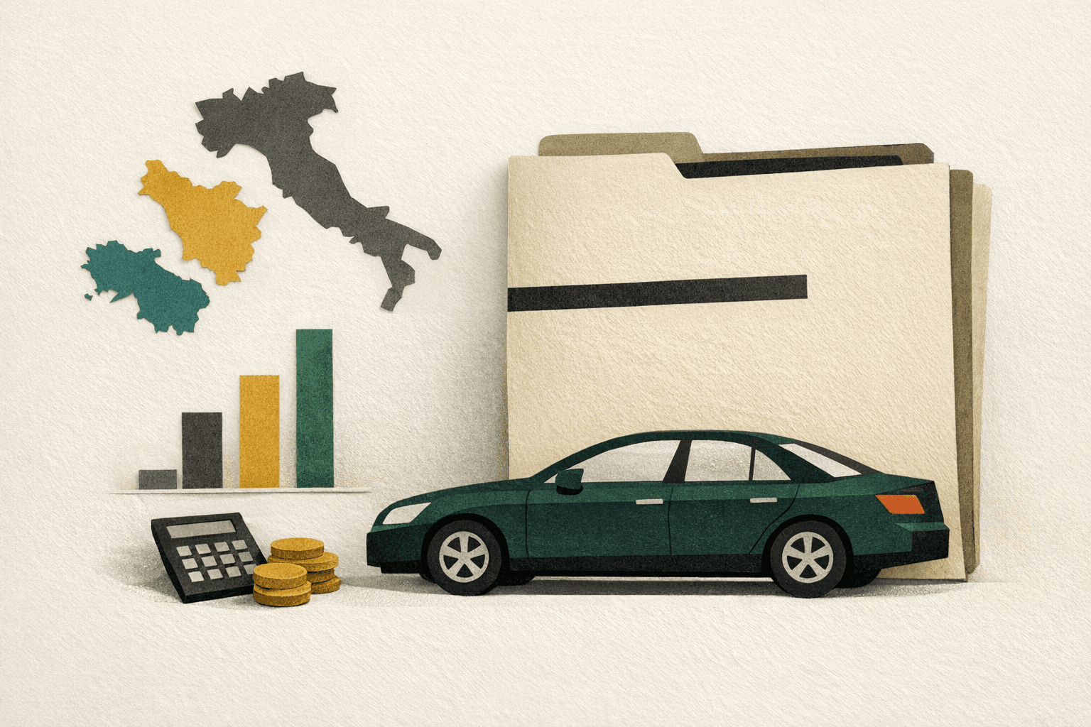 Minimal editorial illustration of an Italian auto-insurance scene with a policy folder, province comparison cue, and car silhouette.
