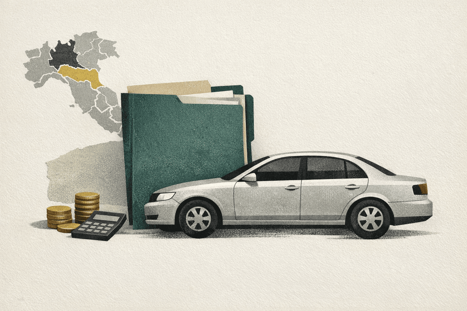 Minimal editorial illustration of an Italian car-insurance planning scene with a car profile, policy folder, and province-level comparison cue.