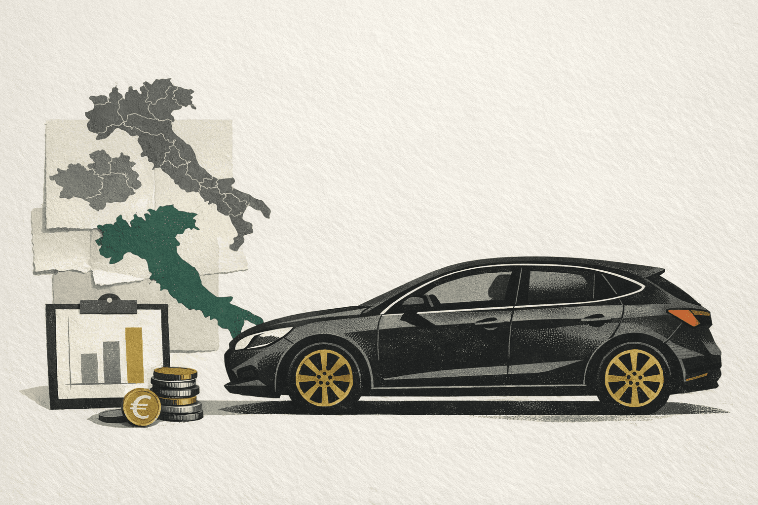 Minimal editorial illustration of an Italian vehicle-cost planning scene with a car silhouette, euro cues, and a regional comparison board.