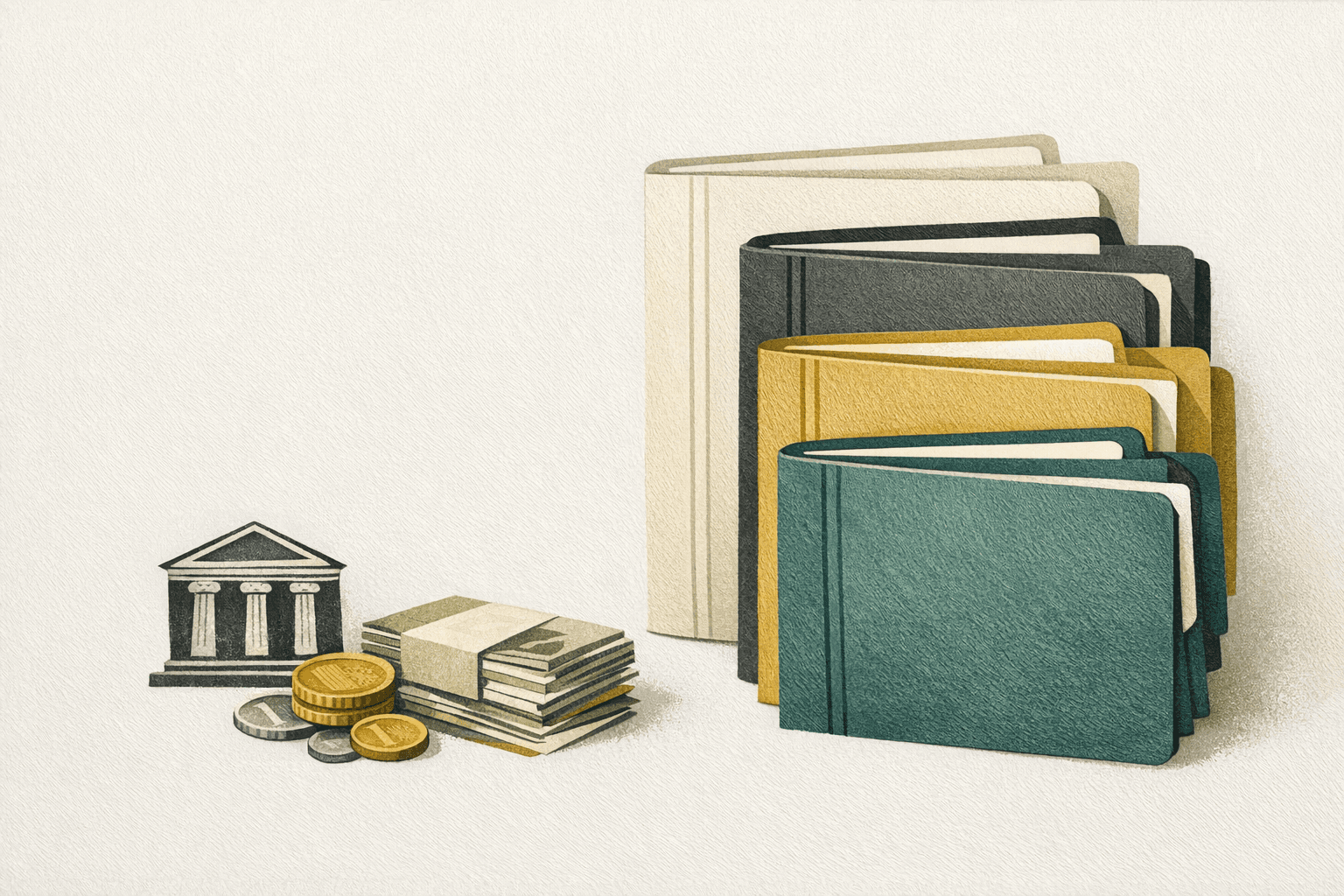 Minimal editorial illustration of Italian legal proceeding folders arranged for comparison with euro cues and a restrained court-reference motif.