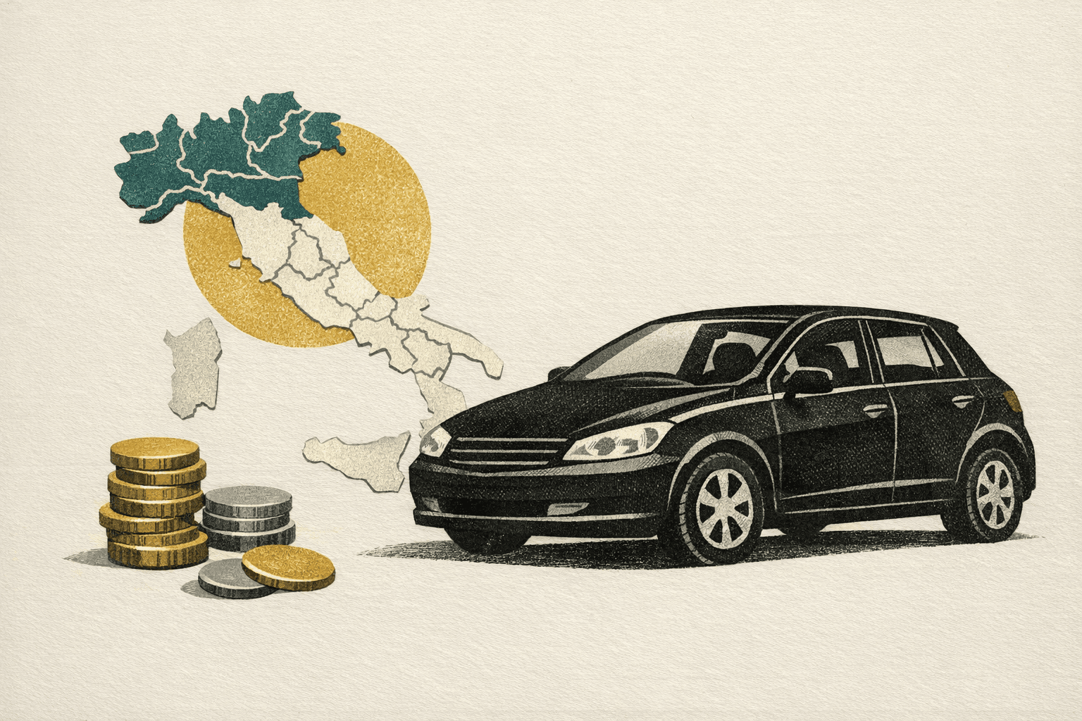 Minimal editorial illustration of an Italian car-tax scene with a car silhouette, regional map cue, and tariff comparison board.