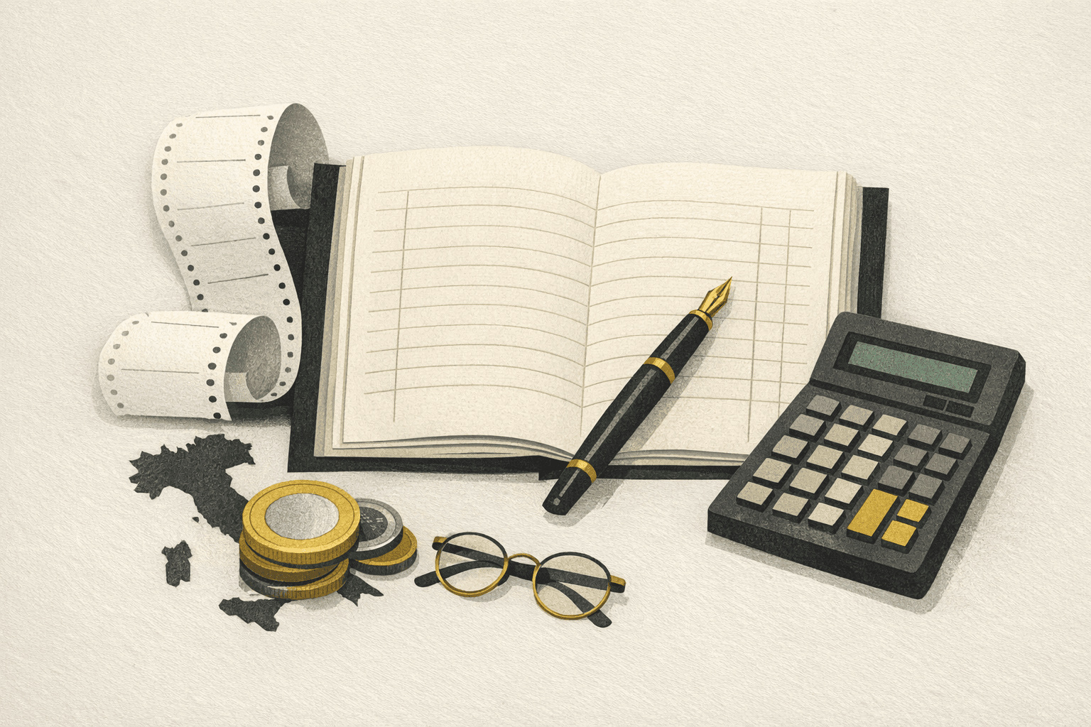 Minimal editorial illustration of an Italian accounting desk with ledger blocks, euro planning cues, and restrained fiscal workflow context.