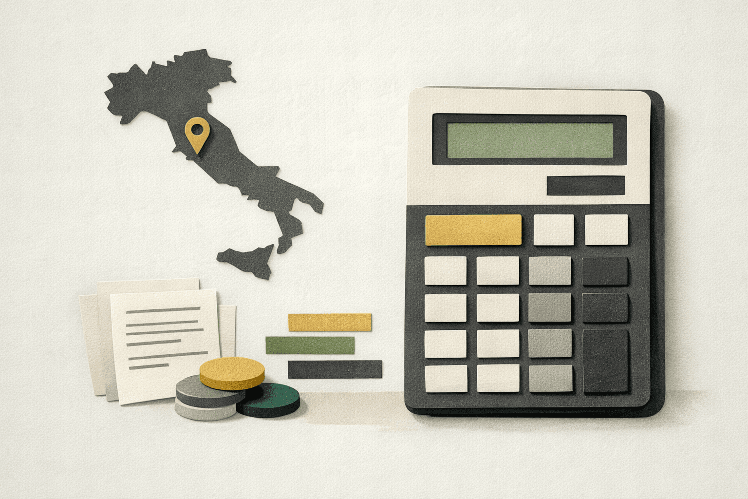 Minimal editorial illustration of Italian cost planning with a calculator, euro budgeting cues, and city comparison markers.