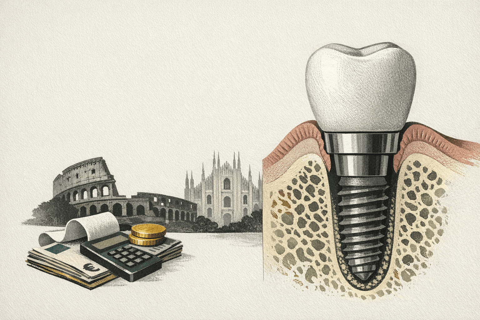Minimal editorial illustration of a dental implant with Italy-focused cost planning cues.