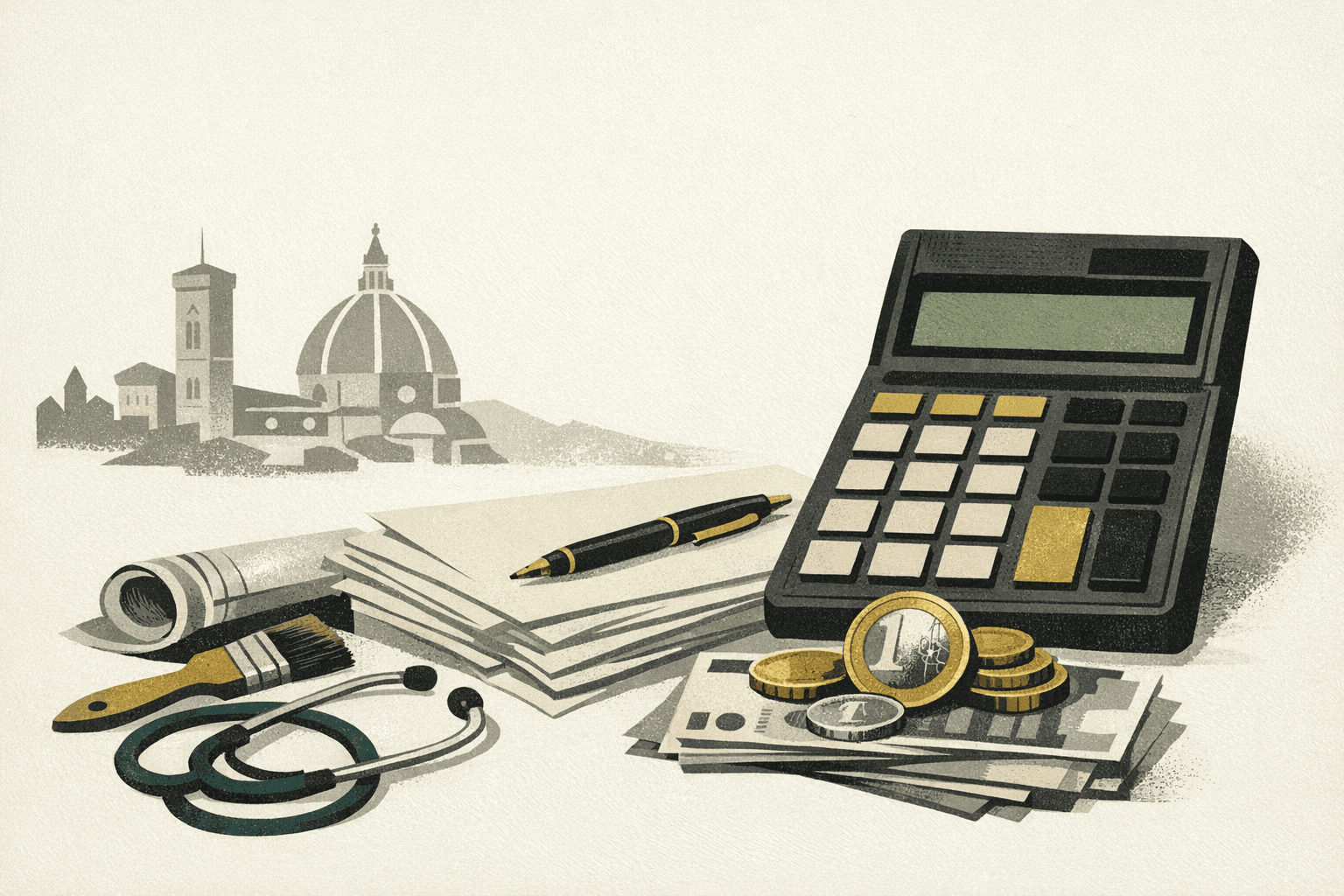 Minimal editorial illustration of euro pricing notes, city markers, and localized planning cues for the CostFigure Italy landing page.