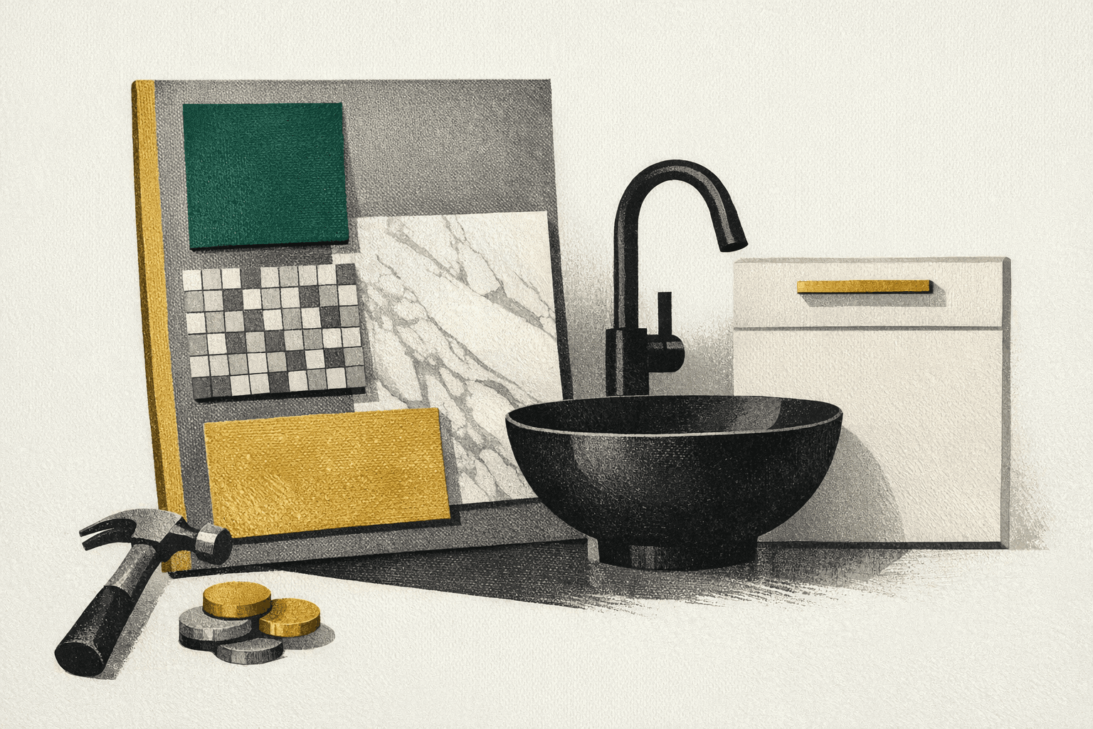 Minimal pixel-style illustration of an Italian apartment renovation plan with tools, tile samples, and budget markers.