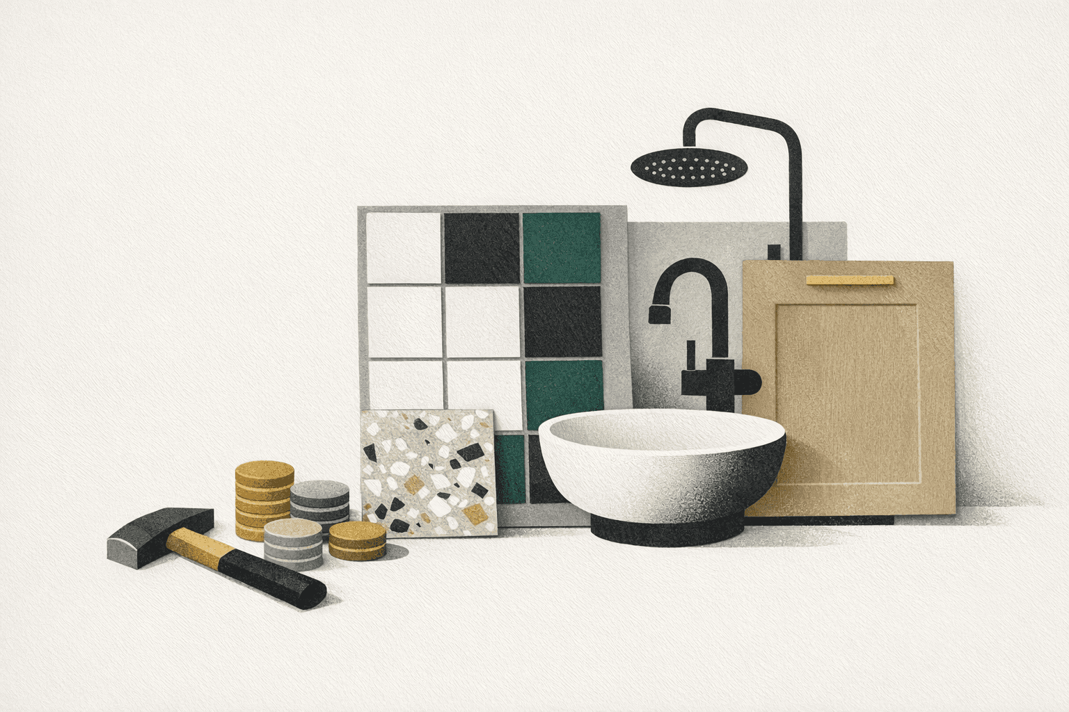 Minimal pixel-style illustration of an Italian apartment renovation plan with tools, tile samples, and budget markers.