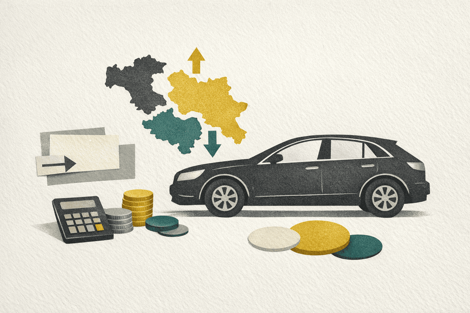 Minimal editorial illustration of an Italian ownership-transfer scene with a car profile, province marker, and document-fee comparison cue.