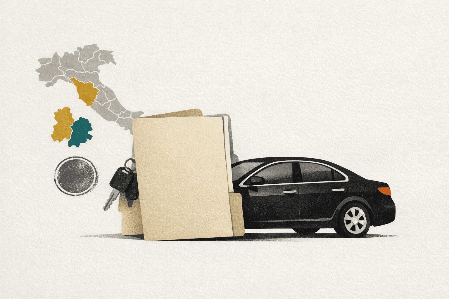 Minimal editorial illustration of an Italian auto ownership-transfer scene with a car profile, document folder, and province-level fee comparison cue.
