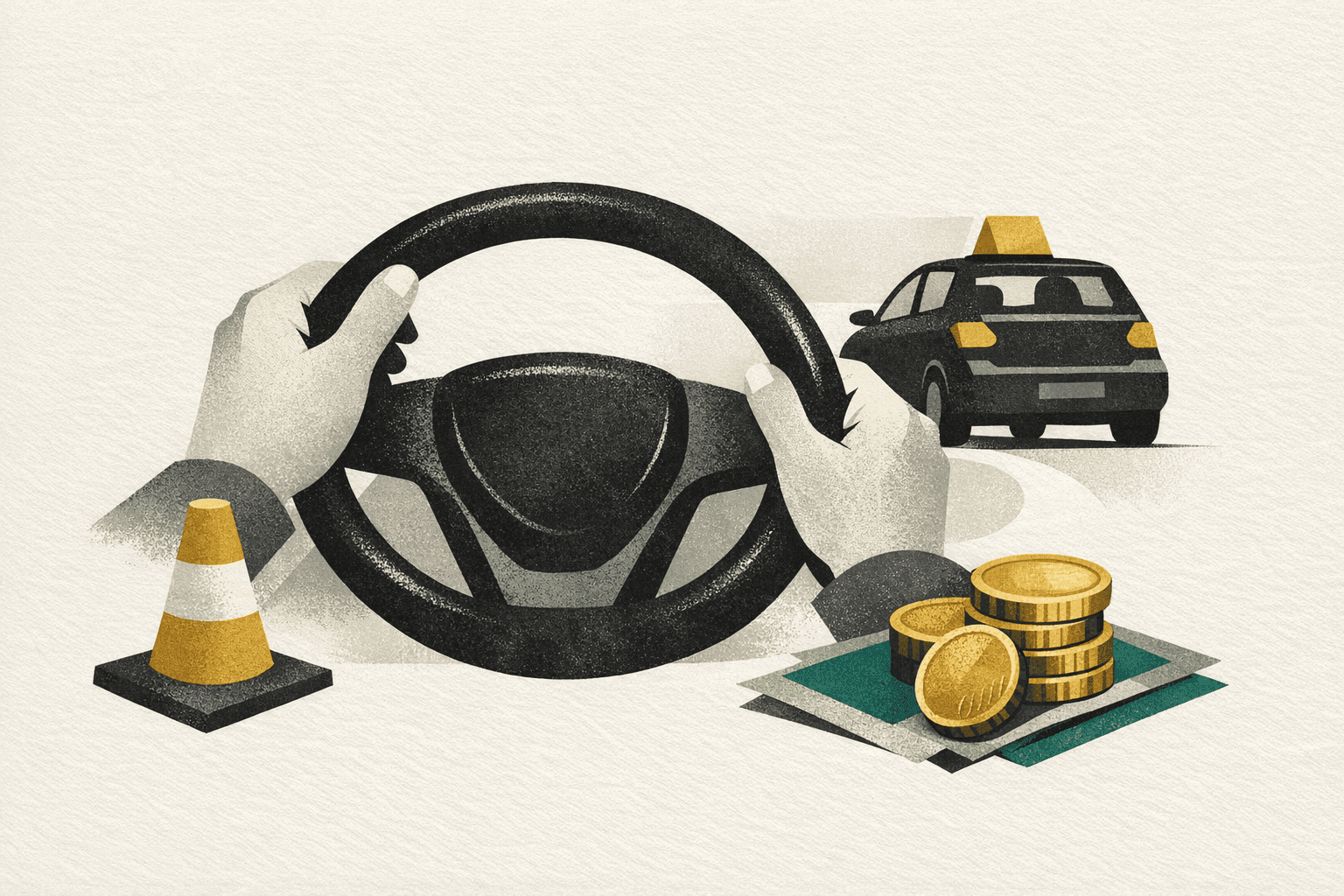 Minimal editorial illustration of an Italian driving-license category scene with a license card, steering cue, and course comparison board.