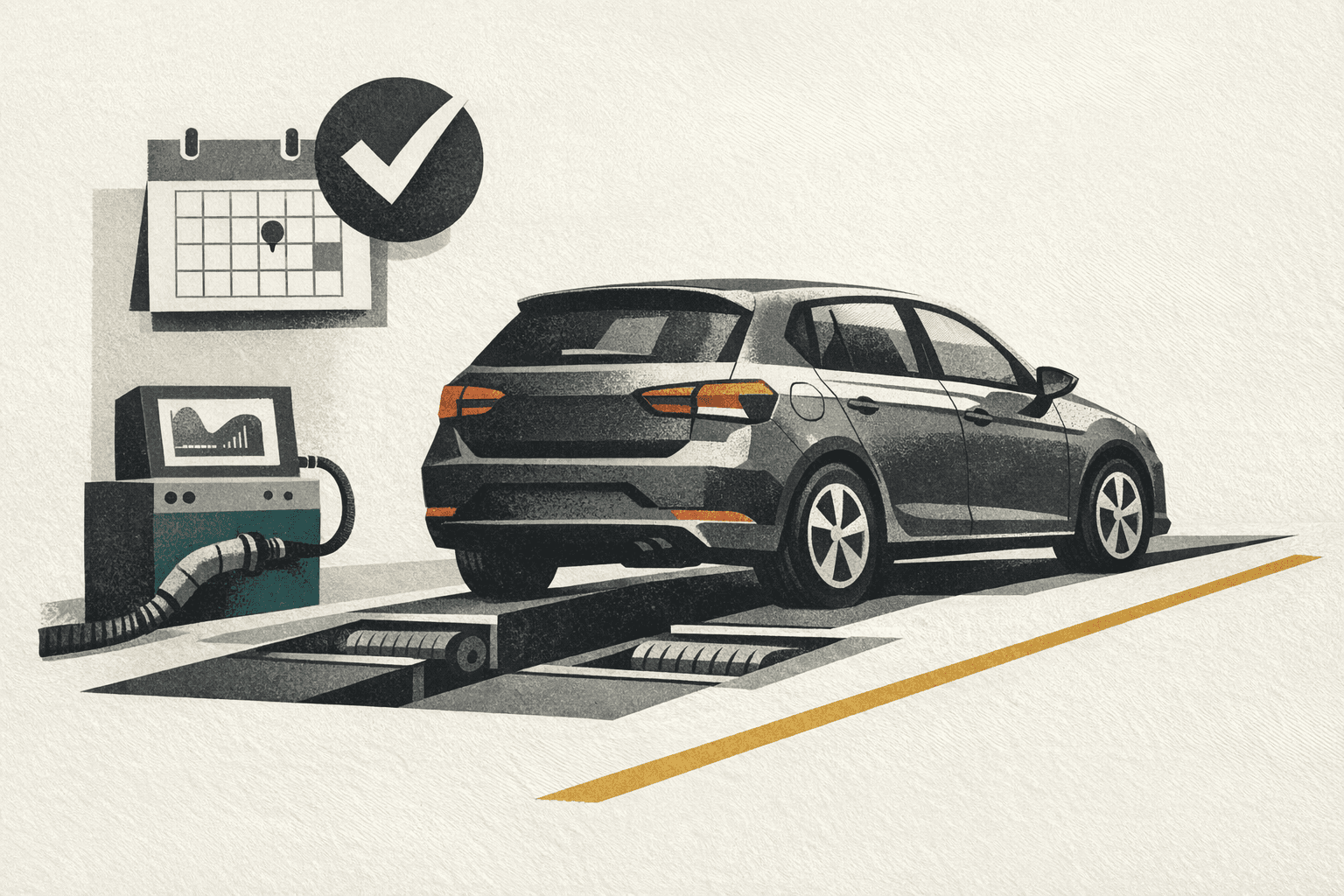 Minimal editorial illustration of an Italian vehicle inspection scene with a car on a test lane, workshop cue, and regulated tariff planning markers.
