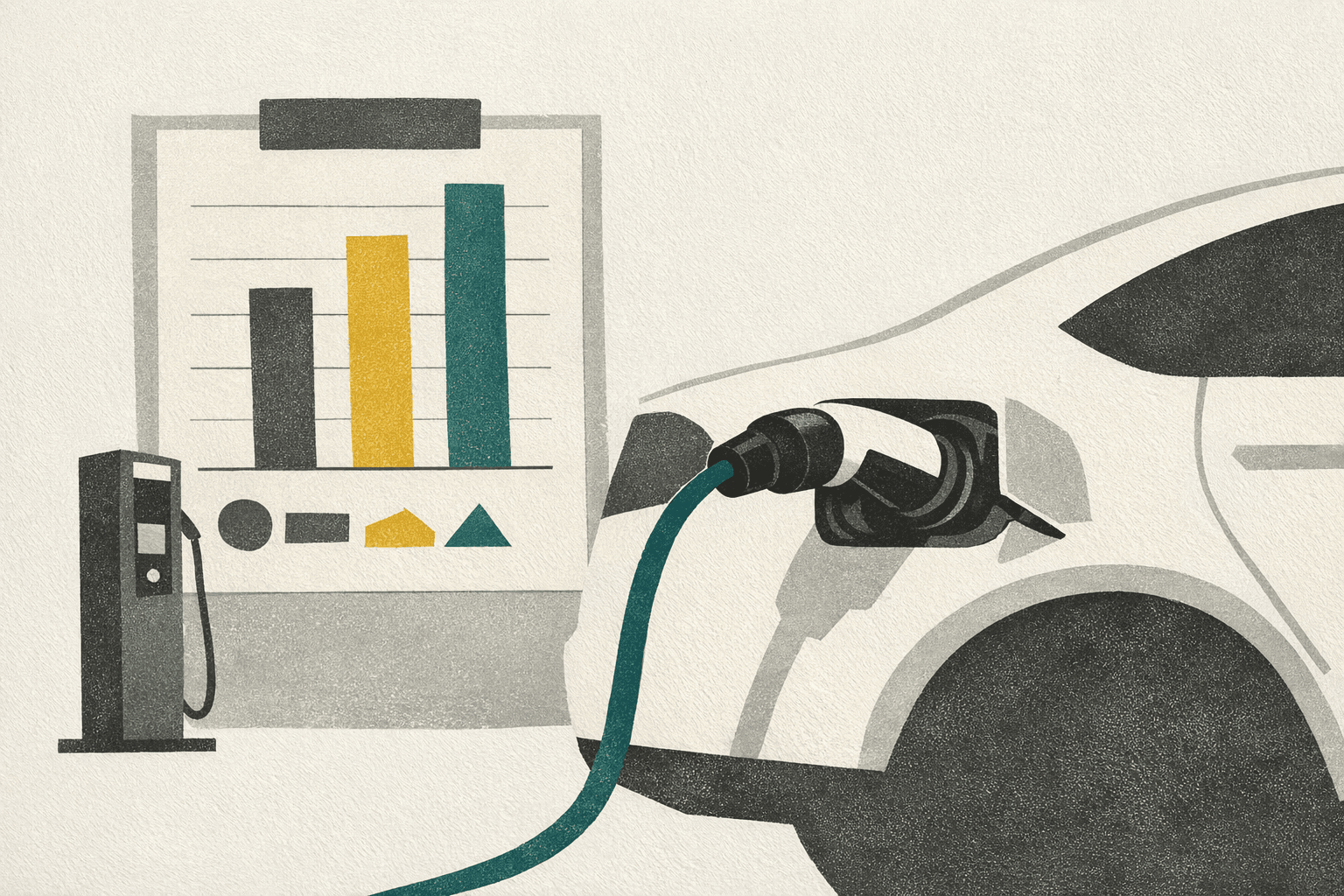 Minimal editorial illustration of an Italian EV tariff-comparison scene with a charging plug, provider board, and station cue.
