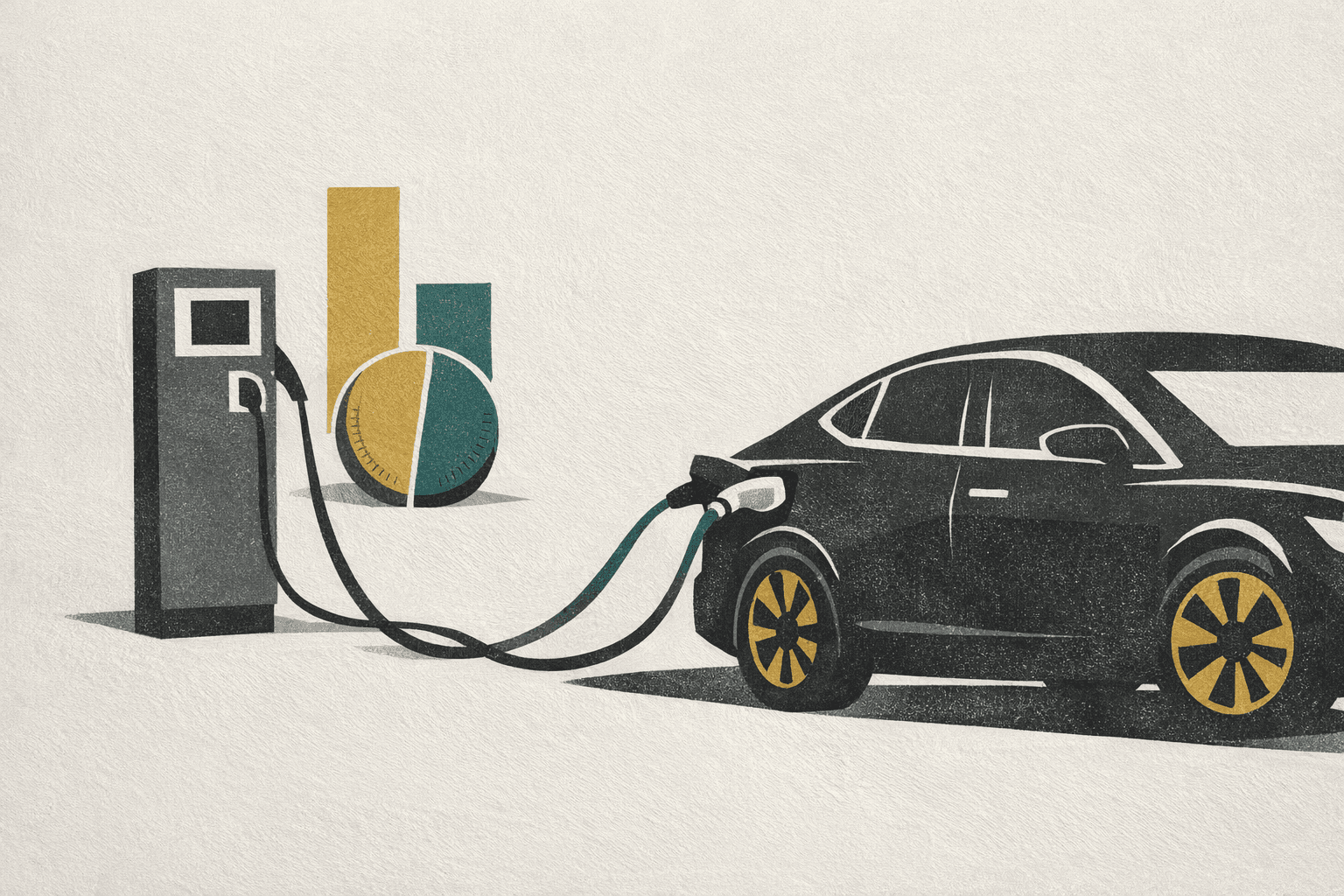 Minimal editorial illustration of an Italian electric-car charging scene with a charging cable, station cue, and tariff comparison markers.