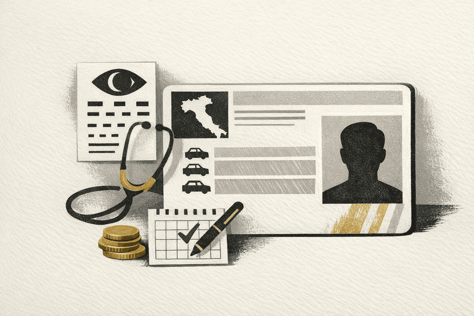 Minimal editorial illustration of an Italian driving-license renewal scene with a license card, medical cue, and euro planning markers.