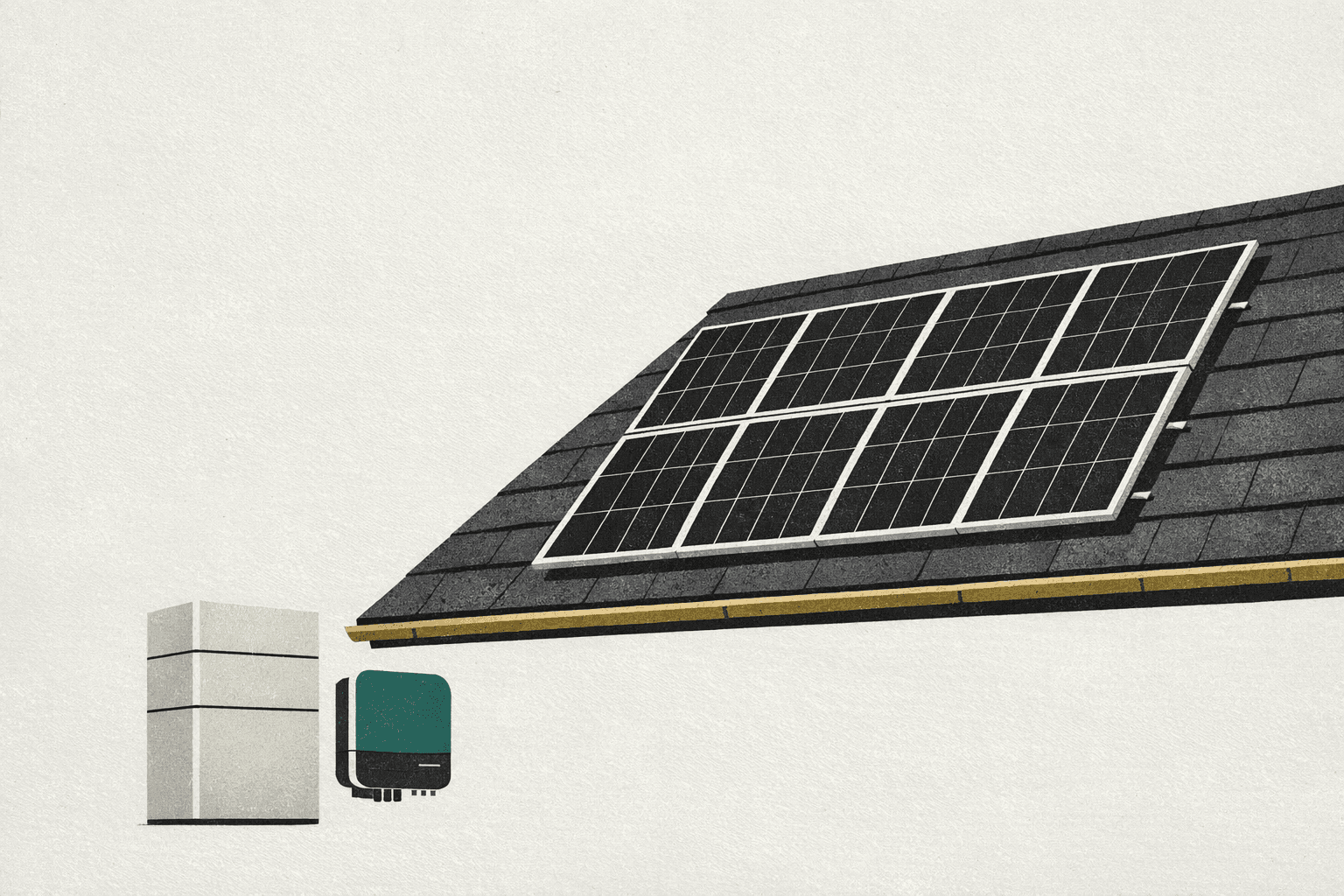 Illustrazione editoriale minimale di un tetto residenziale con pannelli fotovoltaici, batteria di accumulo e appunti di budget in euro.