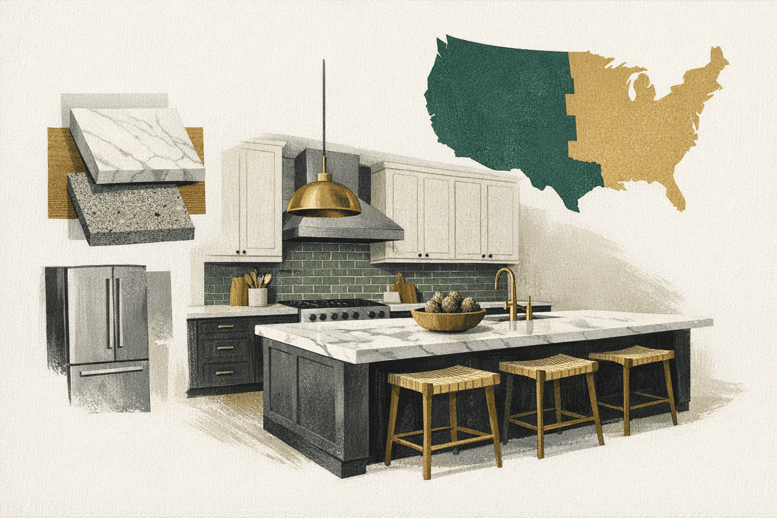 Minimal pixel-style illustration of a kitchen island, cabinet run, and U.S. map motif with remodel budget markers.