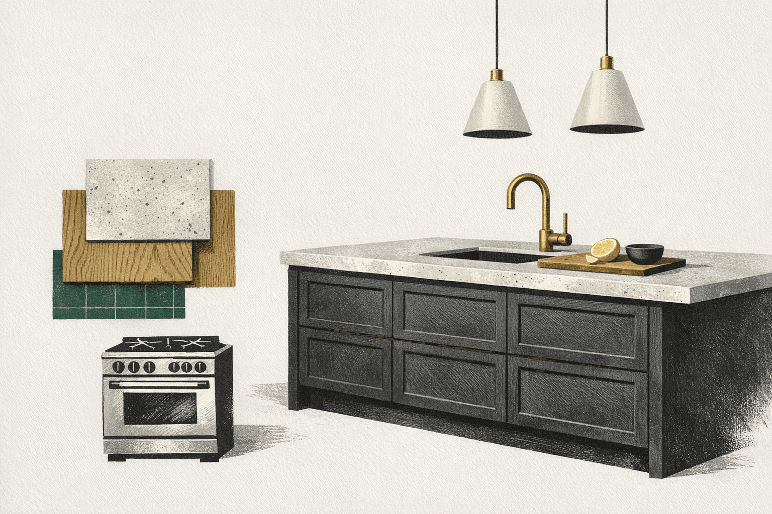 Minimal illustration of a kitchen layout with cabinets, countertops, and appliances alongside cost estimate tags.