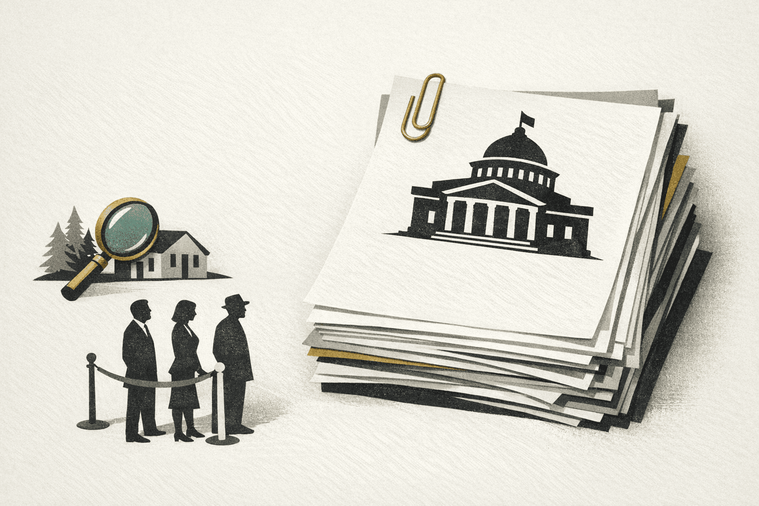 Minimal pixel-style illustration of LLC formation documents with state filing fee tags and a cost breakdown worksheet.