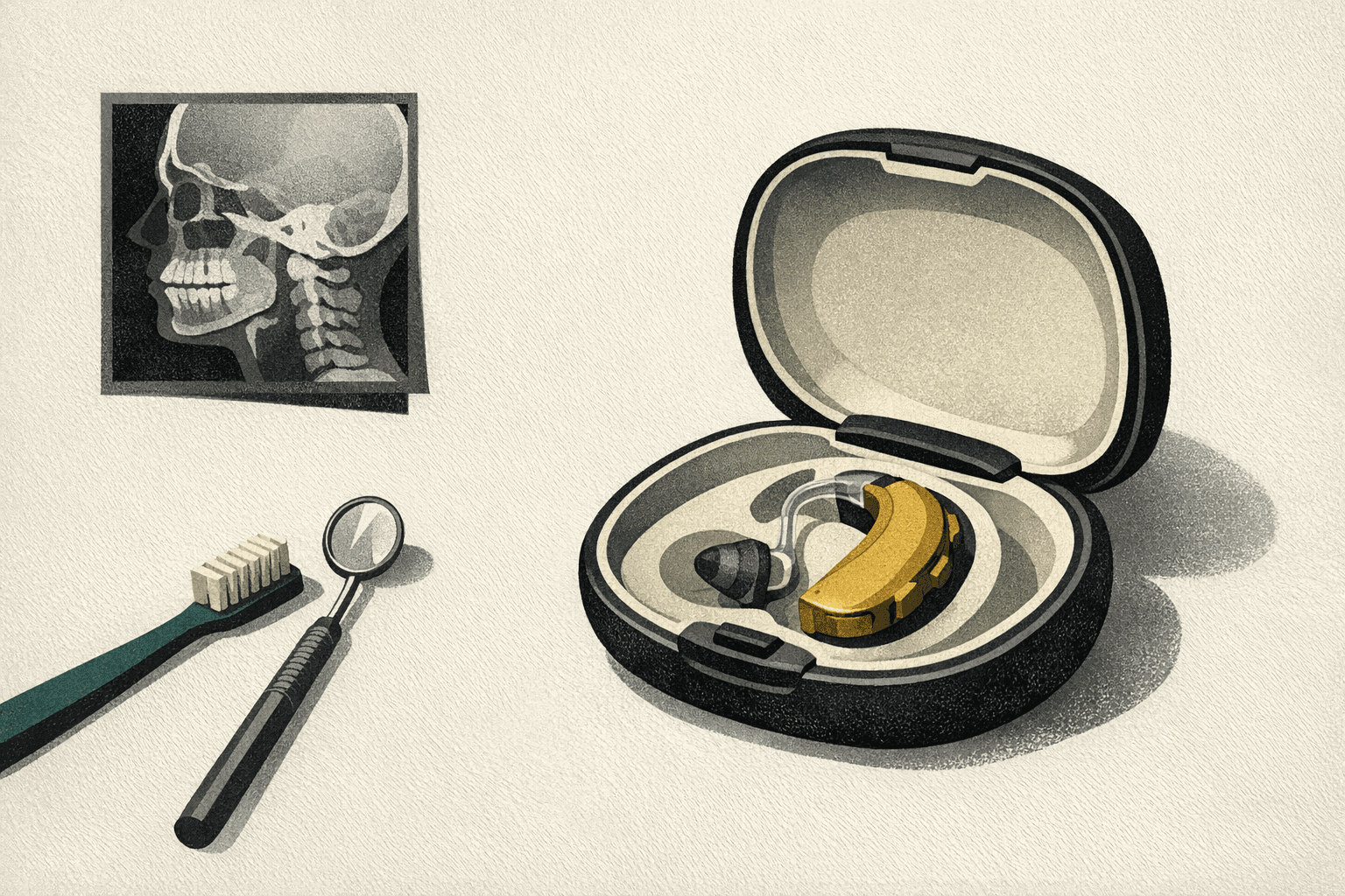Minimal editorial illustration of hearing and diagnostic care objects with a cost planning worksheet.
