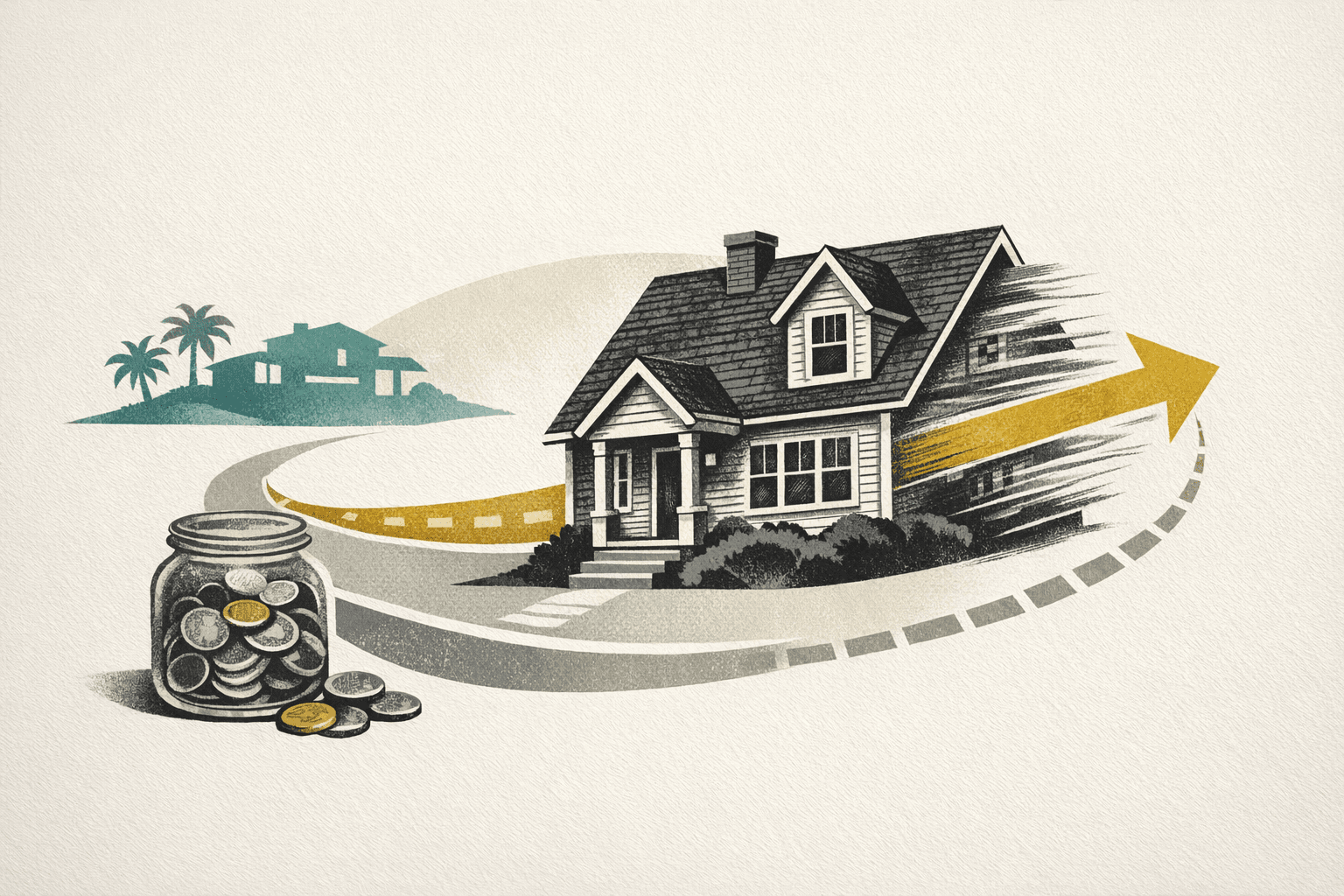 Minimal pixel-style illustration of a house, payment chart, and mortgage payoff timeline.