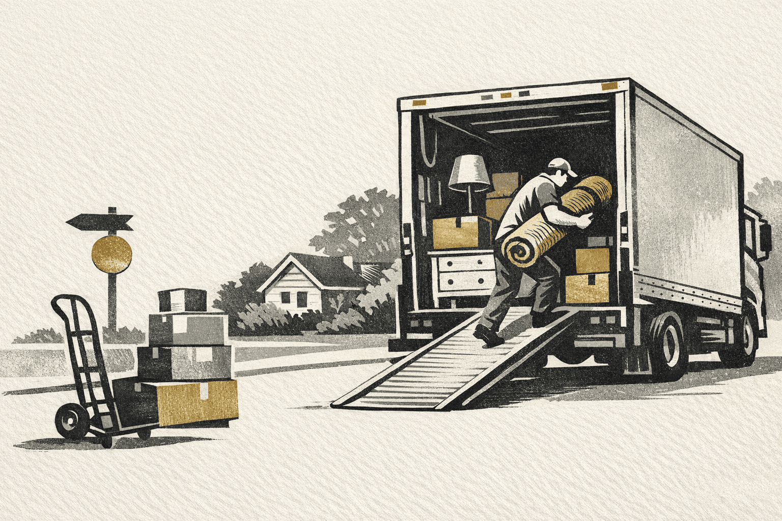 Minimal pixel-style illustration of a moving truck with boxes and cost estimate tags for residential moving.