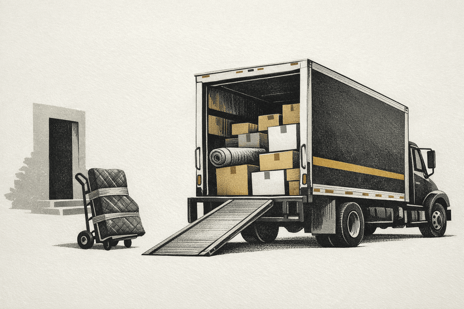 Minimal pixel-style illustration of moving boxes and a cost worksheet for relocation projects.