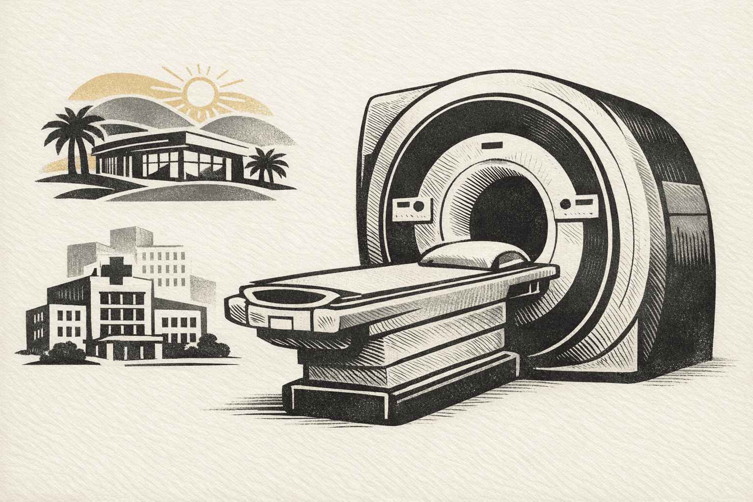 Minimal pixel-style illustration of an MRI scanner and healthcare cost comparison card.