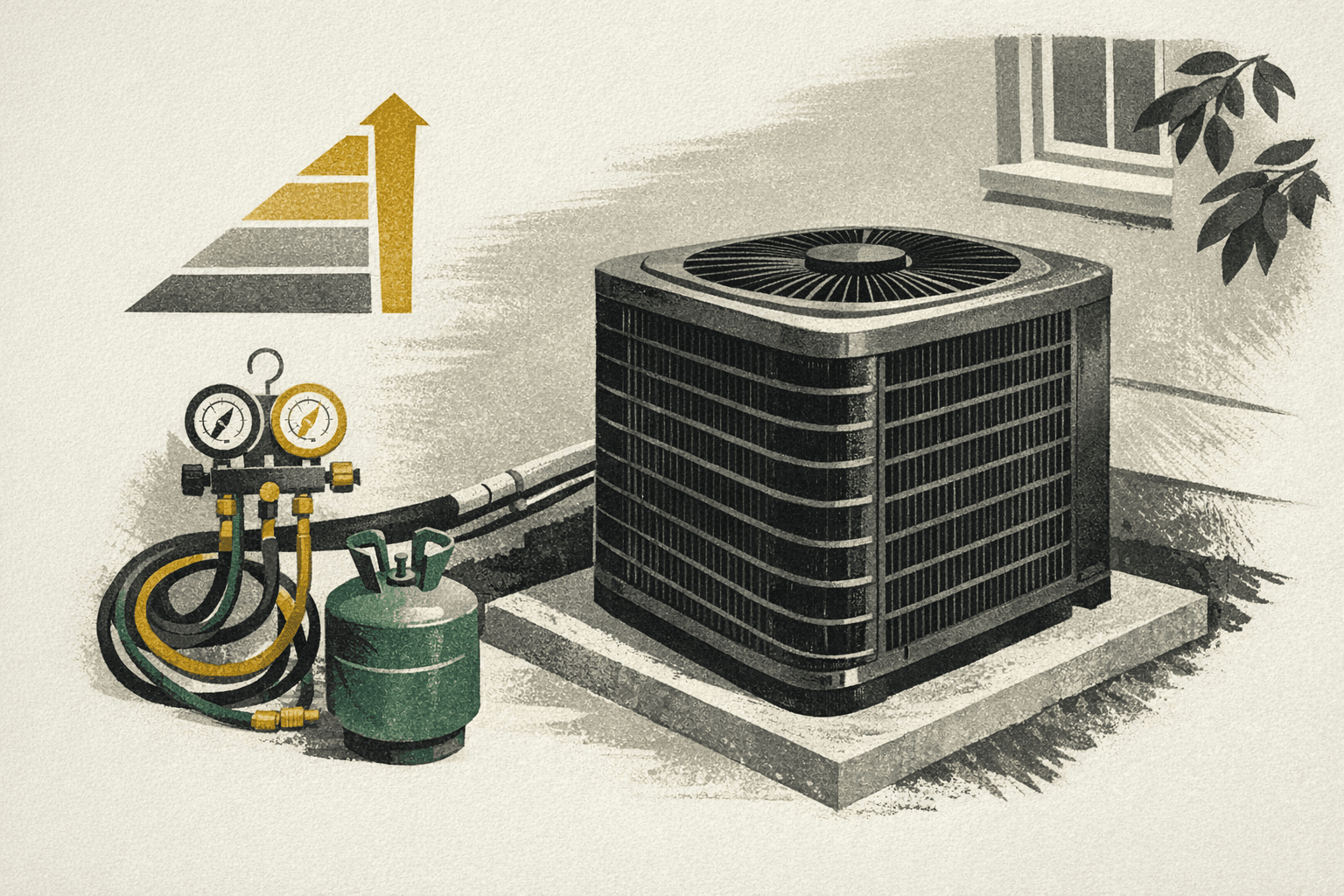 Minimal pixel-style illustration of an AC condenser unit with installation cost estimate tags and efficiency rating markers.