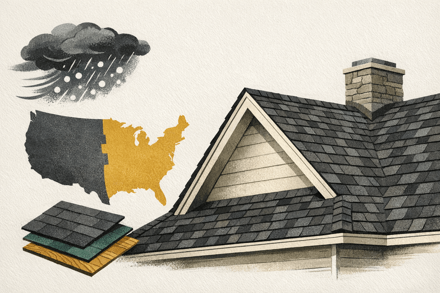 Minimal pixel-style illustration of a roofline, storm cue marks, and a U.S. map motif with cost markers.