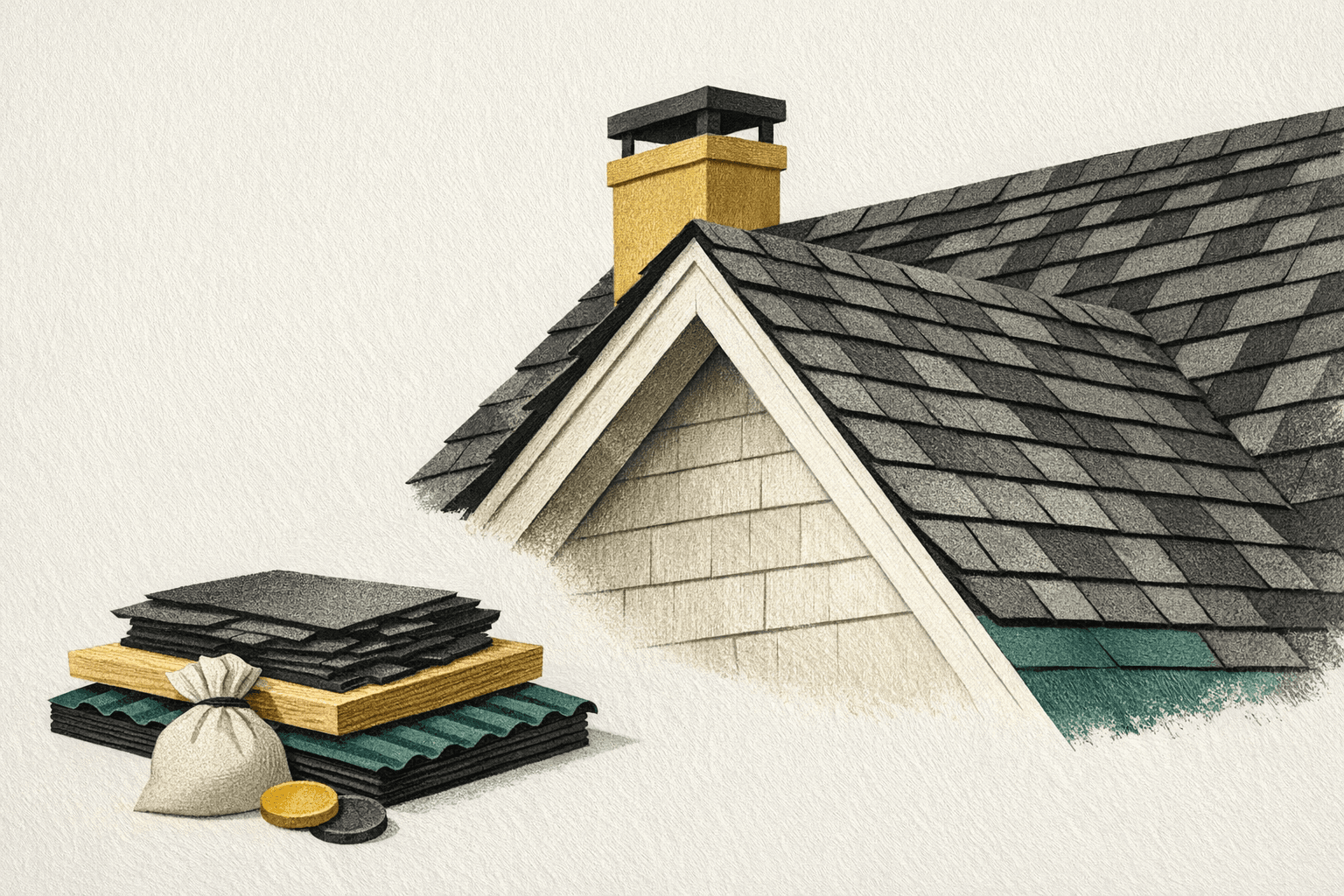Minimal pixel-style illustration of a roof profile with material and labor cost markers.