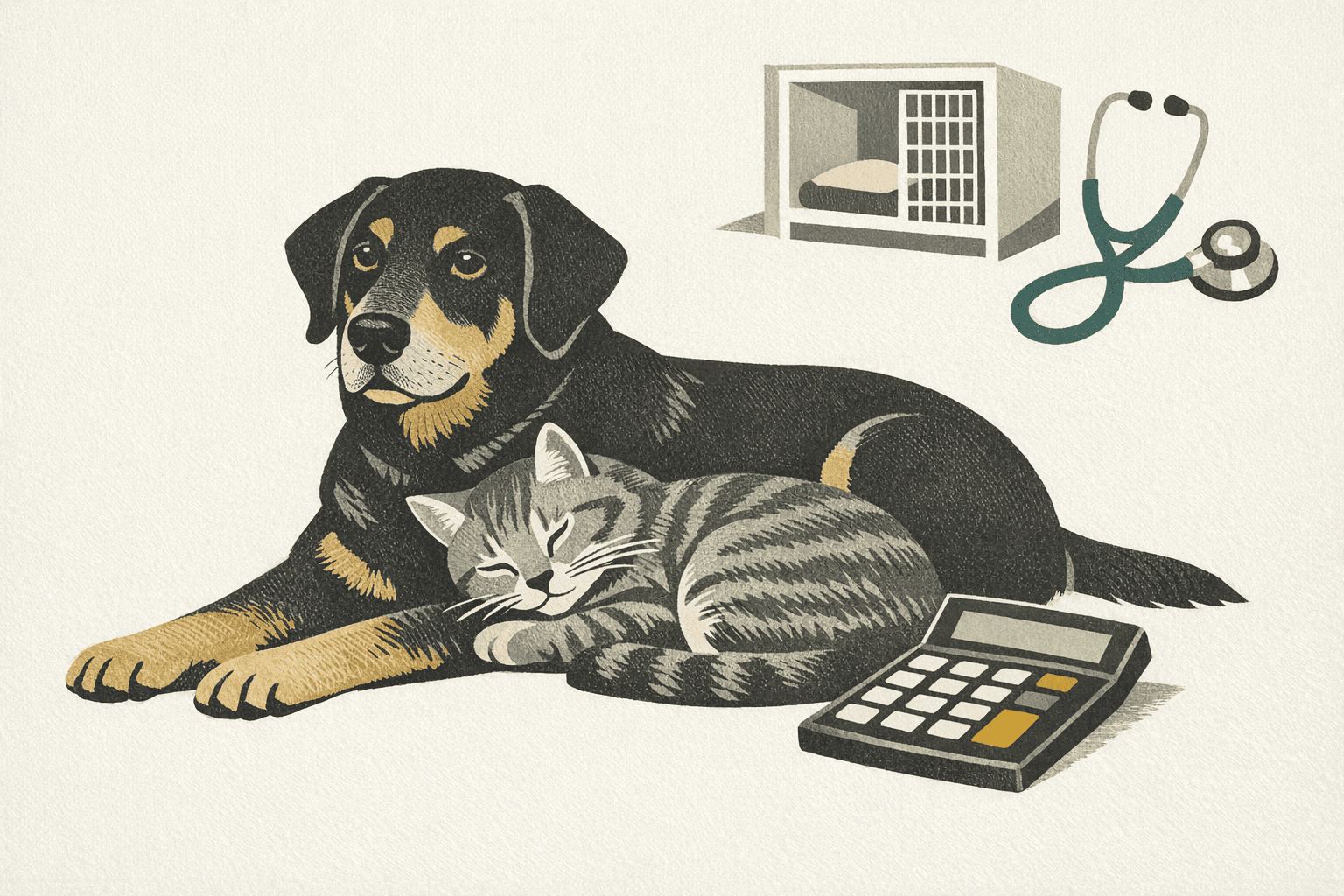 Minimal pixel-style illustration of a dog, cat, and pet-care planning worksheet.