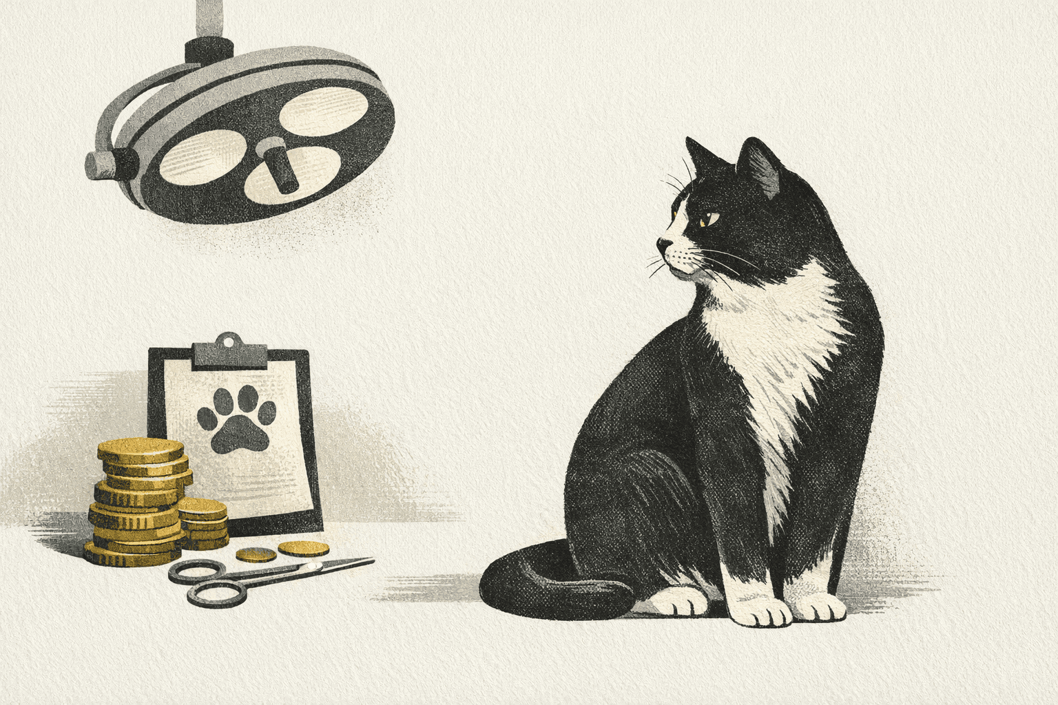Minimal pixel-style illustration of a cat with veterinary cost estimate tags for spay and neuter surgery.