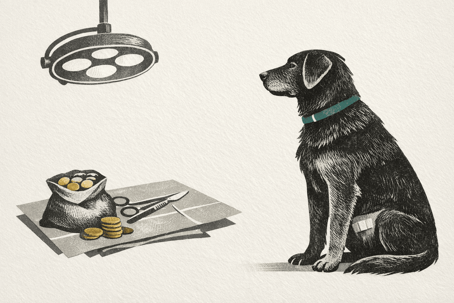 Minimal pixel-style illustration of a dog with veterinary cost estimate tags for spay and neuter surgery.