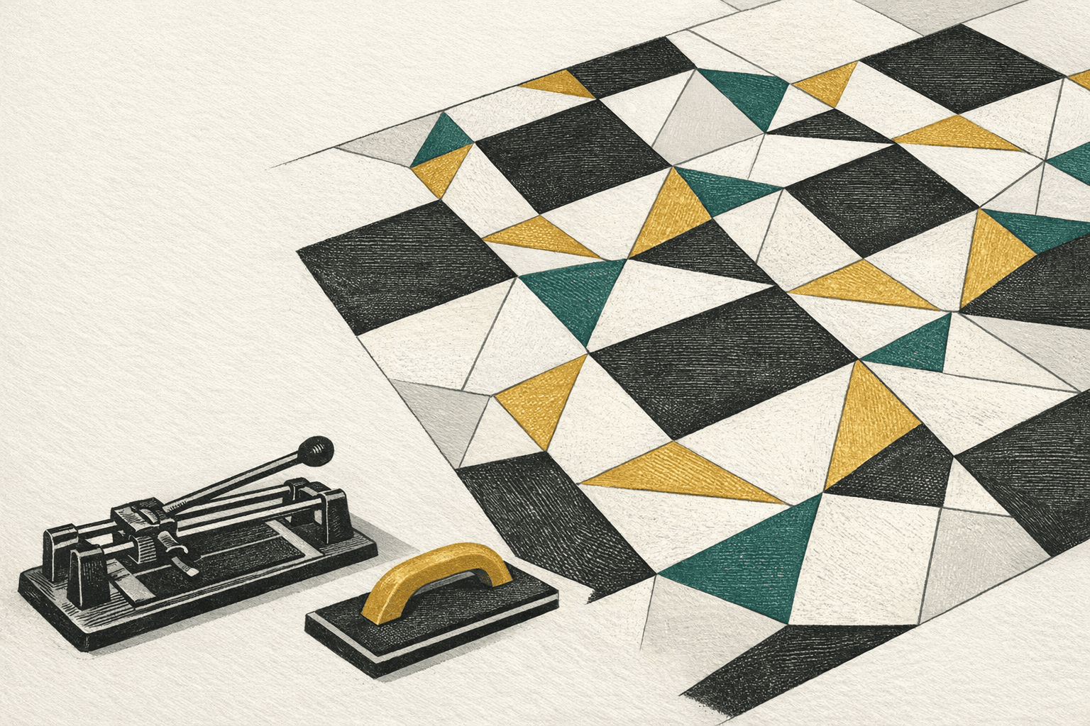 Minimal pixel-style illustration of ceramic tile flooring with installation tools and cost estimate tags.