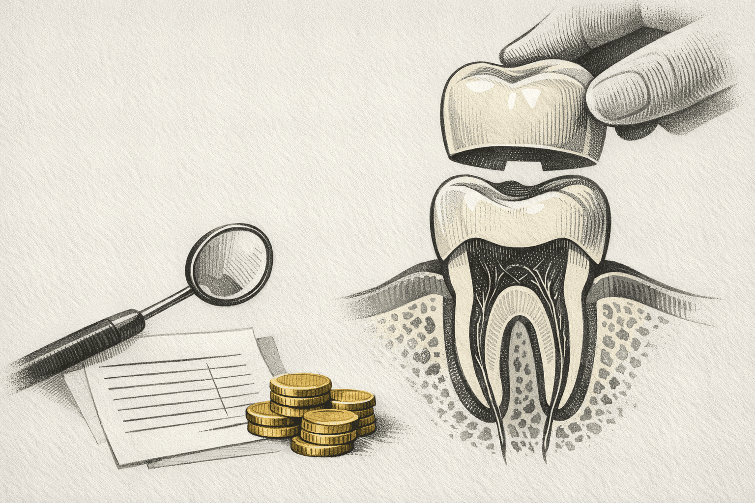 Minimal pixel-style illustration of a dental crown with cost estimate tags for dental treatment pricing.
