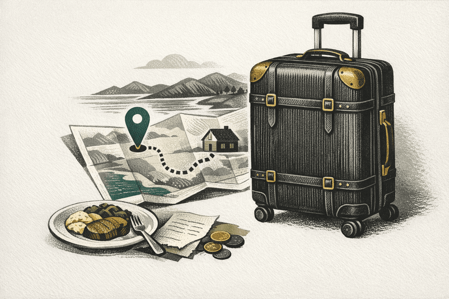 Minimal pixel-style illustration of a travel roadmap, suitcase, hotel marker, and budget estimate tags.