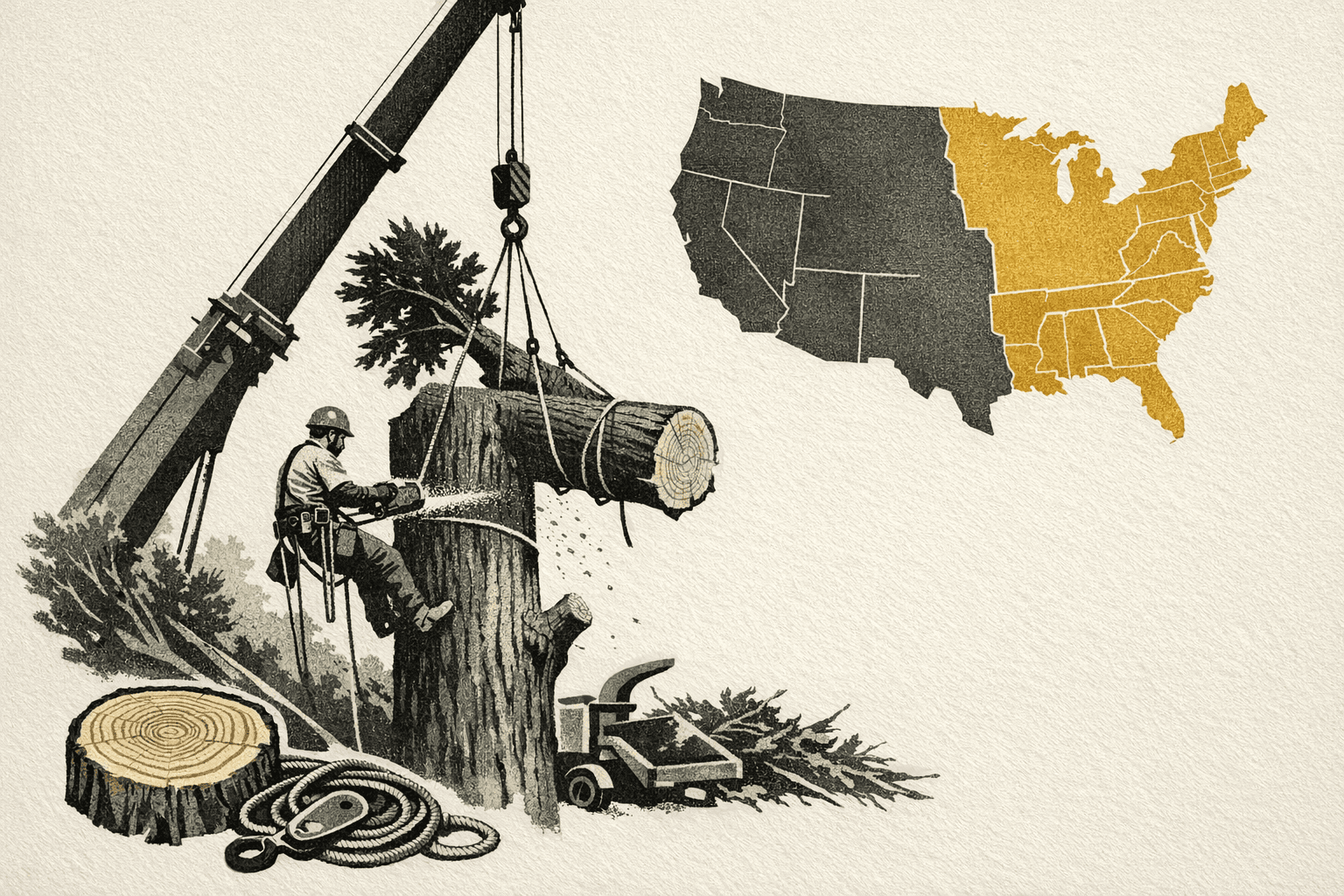 Minimal pixel-style illustration of a cut tree section, rigging lines, and a U.S. map motif with regional cost markers.