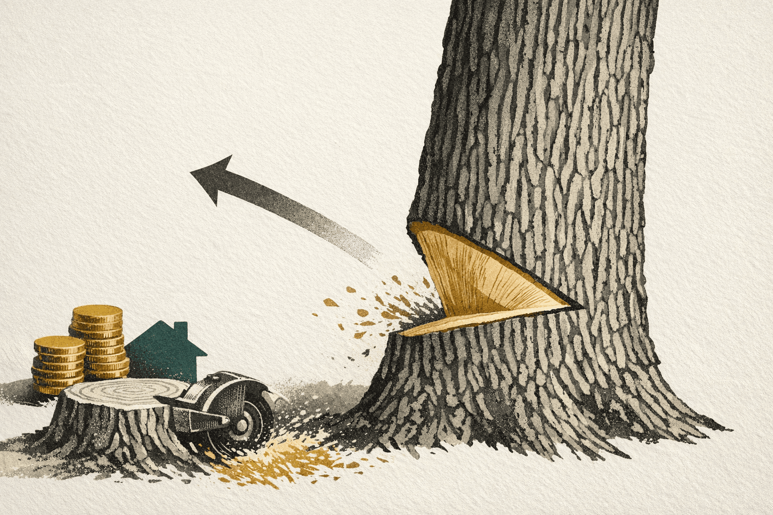 Minimal pixel-style illustration of a tree stump with chainsaw and cost estimate tags for residential tree removal.