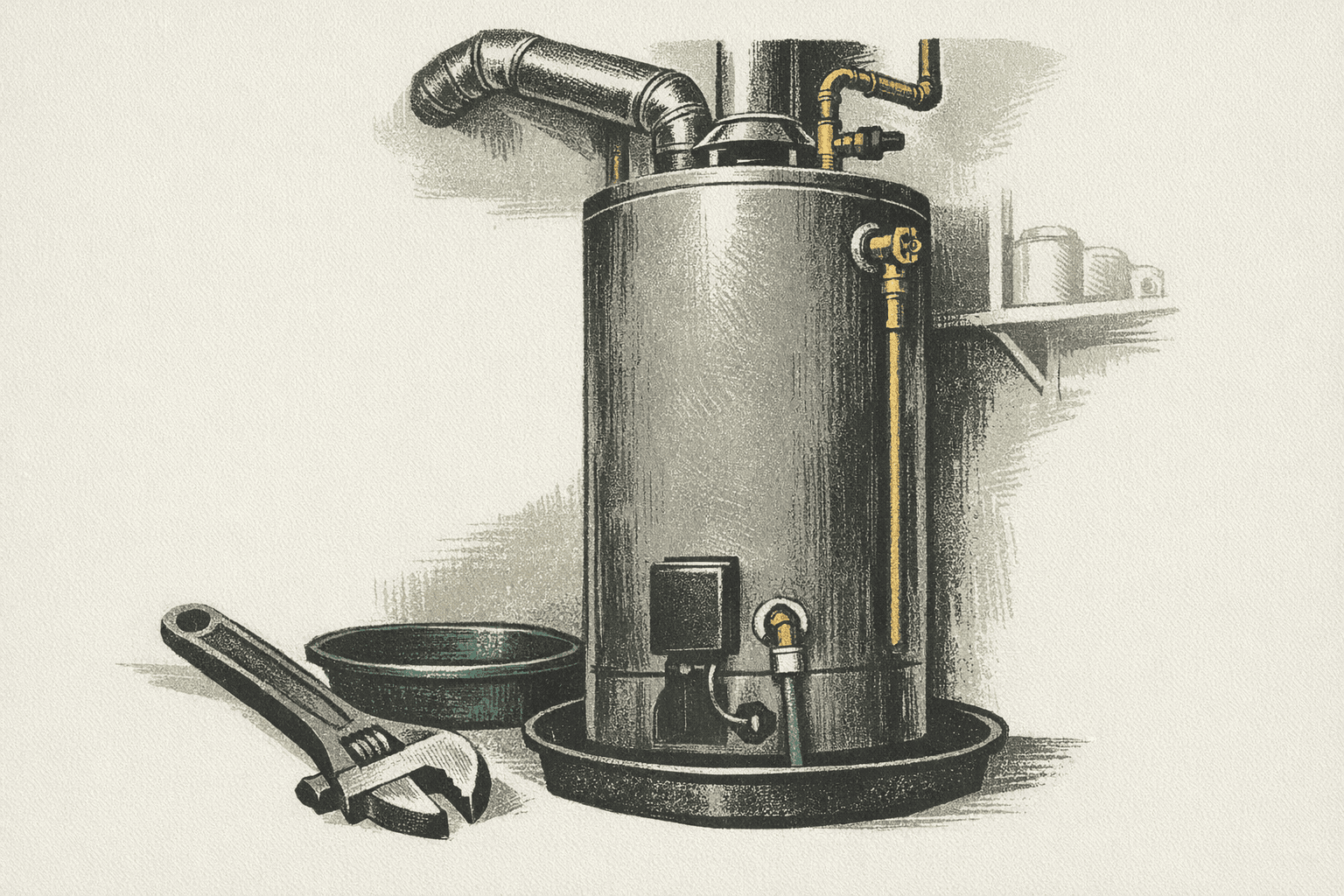 Minimal pixel-style illustration of a residential water heater with piping, service tools, and installation cost markers.