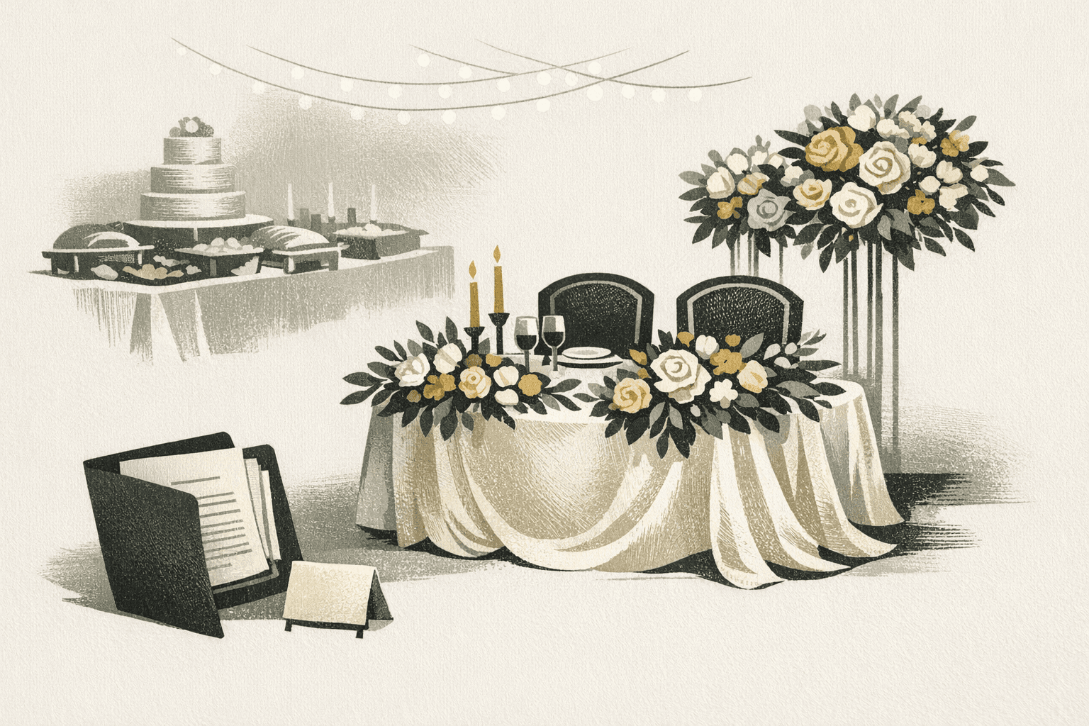 Minimal pixel-style illustration of a wedding reception layout with venue, floral, and catering cost markers.