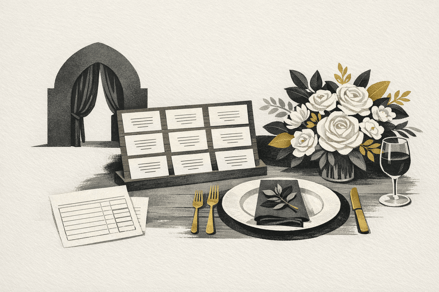 Minimal pixel-style illustration of a wedding planning table with seating chart, bouquet, and budget worksheet.