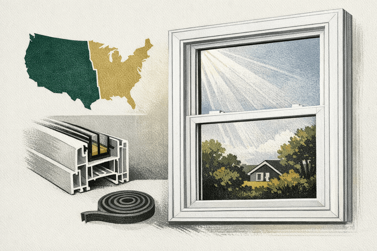 Minimal pixel-style illustration of replacement windows, a U.S. map motif, and regional budget markers.