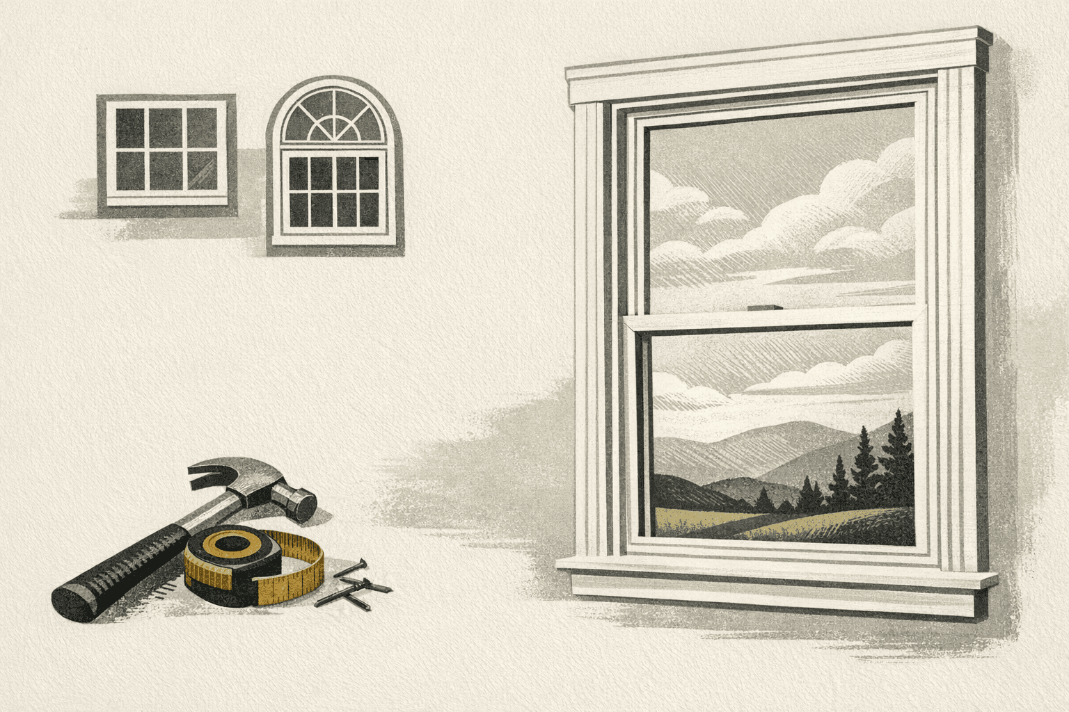 Minimal pixel-style illustration of multi-pane windows with replacement cost tags.